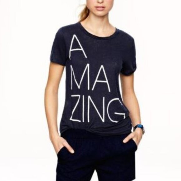 J.Crew M Amazing Tee T-shirt 100% Linen Navy & White Graphic Letters - Picture 1 of 13